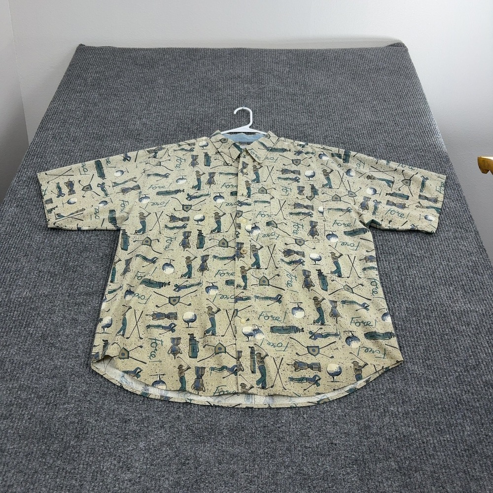 Vintage Bugle Boy Company Button Up‎ Mens XL Tan Cotton Golf Print Casual 90s